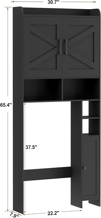 Homhedy Over The Toilet Storage Cabinet with 2 Barn Door and Toilet Paper Holder Stand, FreeStanding Toilet Shelf Space Saver, for Bathroom, Restroom, Laundry, Black