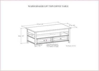 SIMPLIHOME Warm Shaker Lift Top Coffee Table - 48 inch Wide Solid Wood Cocktail Table in Light Golden Brown, Transitional Living Room Table with Hidden Storage, 2 Drawers, and Open Shelf