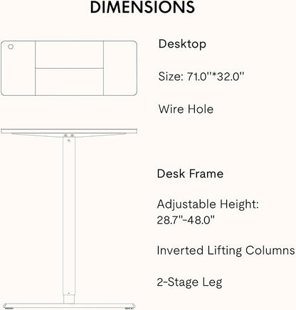 SANODESK Electric Standing Desk 71x32 Inch Height Adjustable Stand Up Desk Home Office Computer Workstation Sit Stand Home Office Desk with Splice Board (White Frame + White Top)