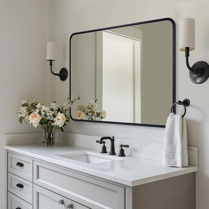 ANDY STAR Black Bathroom Mirror, 30x40 Inch Rounded Rectangle Mirror for Bathroom, Modern Tube Matte Black Framed Rectangular Mirrors for Vanity, Explosion-Proof Film, Wall Mount Horizontal/Vertical