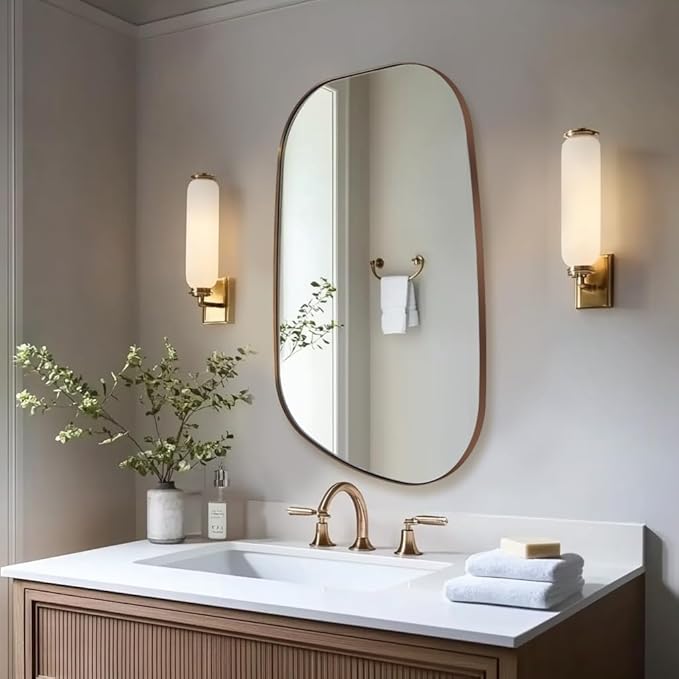 ANDY STAR Bronze Bathroom Mirror, 24"x36" Oil Bronze Asymmetrical Wall Mirror in Stainless Steel Metal Frame, Unique Vanity Mirror with Modern Curved Design, Ideal for Bathroom, Bedroom, Entryway