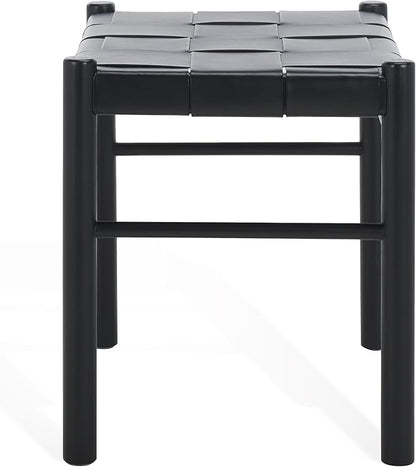 SAFAVIEH Couture Collection Devnie Black Woven Leather & Black Solid Wood Ottoman (Fully Assembled)