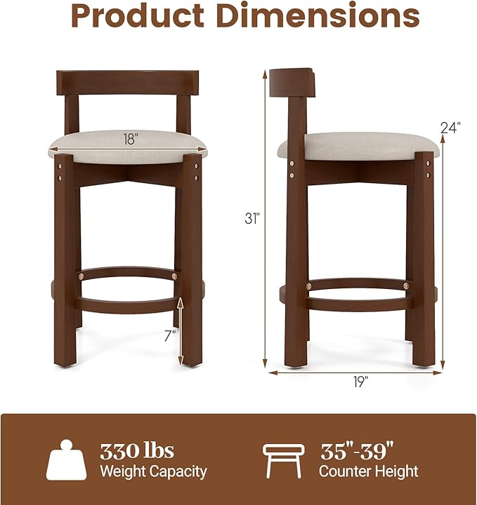 COSTWAY 24” Counter Height Bar Stools Set of 2, Linen Upholstered Bar Chairs with Backrests and Footrests, Wood High Barstools for Kitchen Island and Dining Room (Walnut)