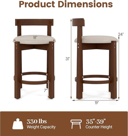 COSTWAY 24'' Counter Height Bar Stools Set of 4, Linen Upholstered Bar Chairs with Backrests and Footrests, Wood High Barstools for Kitchen Island and Dining Room (Walnut)