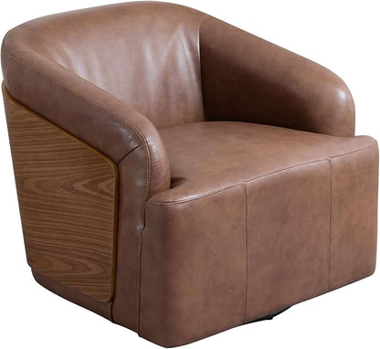 Genuine Leather Swivel Accent Chair Swivel Barrel Chair Comfortable Mid Century Modern Chair Upholstered Metal Base Armchair for Living Room Bedroom Office Large Vintage Brown