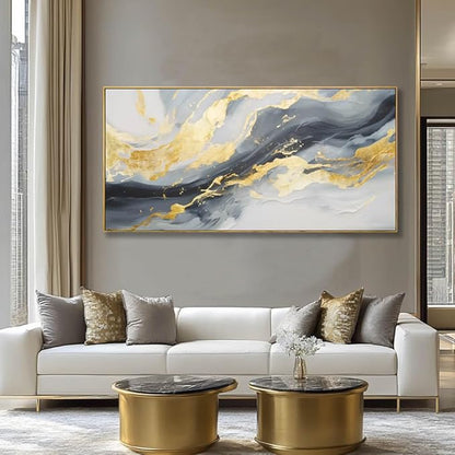 SDYA Wall Art for Living Room Abstract Wall Art Blue and White Pictures Canvas Wall Art 48x24 Inch Gold Wall Decor Line Artwork Home Office Decor