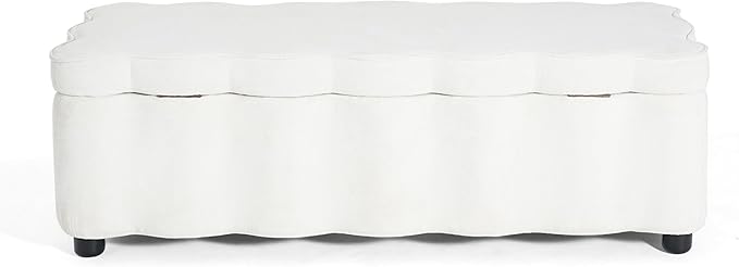 Christopher Knight Home Pean Living Room Ottoman with Storage, Fabric Upholstered Storage Ottoman Bench, Sofa Foot Stool with Wood Frame, Bedroom End of Bed Bench, Chic Scalloped Design, White