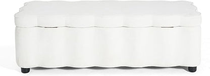 Christopher Knight Home Pean Living Room Ottoman with Storage, Fabric Upholstered Storage Ottoman Bench, Sofa Foot Stool with Wood Frame, Bedroom End of Bed Bench, Chic Scalloped Design, White