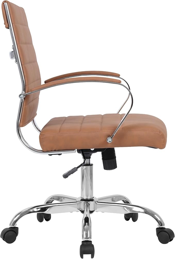LANDSUN Home Office Chair Mid Back Desk Chair PU Leather Ribbed Executive Swivel Computer Chair with Wheels and Armrests Soft Padded Adjustable Height Conference Task Brown
