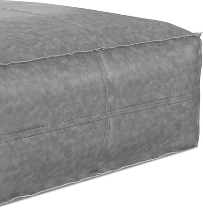 SIMPLIHOME Brody 30-inch Wide Large Square Coffee Table Pouf in Distressed Grey, Vegan Faux Leather Ottoman, Footrest, or Extra Seating for Living Room, Assembled