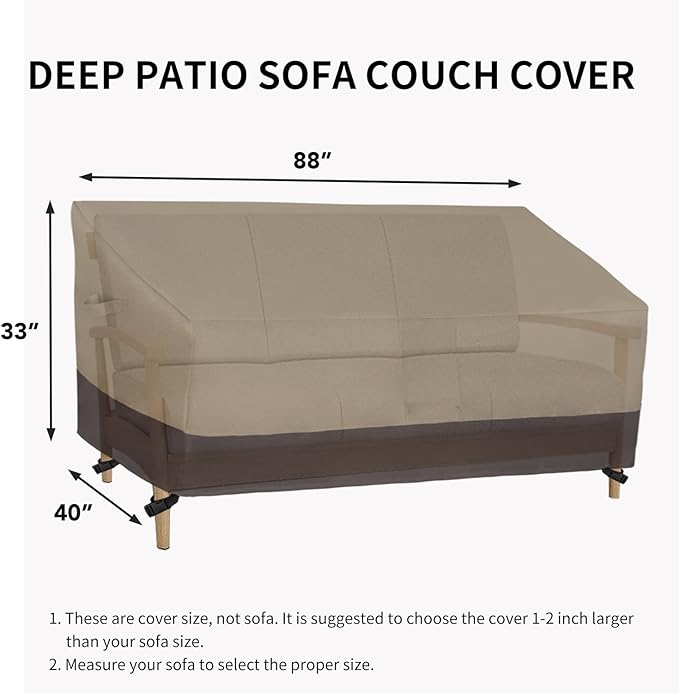 Easy-Going Waterproof Outdoor Couch Cover, Heavy Duty Deep 3-Seater Patio Sofa Cover, Winchdproof Outdoor Furniture Cover with Air Vent （88Wx40Dx33H inch,Camel/Dark Brown