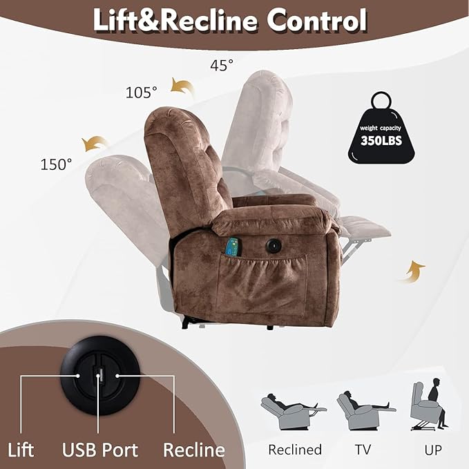 CANMOV Large Power Lift Recliner Chairs with Massage and Heat for Elderly, Heavy Duty and Safety Motion Reclining Mechanism Electric Wide Recliners with USB Ports, 2 Hidden Cup Holders,Brown