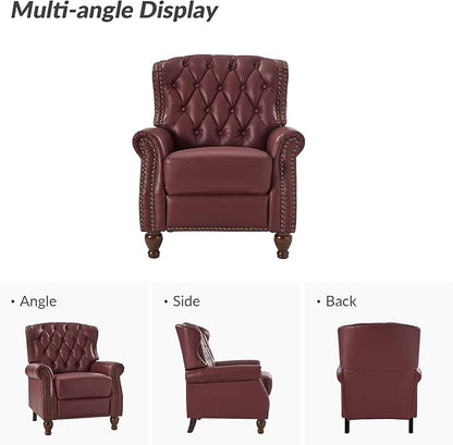 HULALA HOME Genuine Leather Recliner Chair with Solid Wood Feet, Modern Adjustable Tufted Push Back Arm Chair w/Rivet Decoration, Home Theater Seating Single Reclining Sofa for Living Room, Burgundy