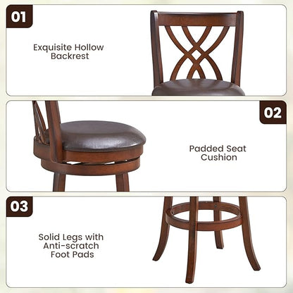 COSTWAY Bar Stools Set of 4, 360° Swivel Chairs with Rubber Wood Frame, 30-Inch PU Leather Cushioned Seat and Footrests, for Kitchen Island, Dining Room, Bar (Brown-30 inches, 4 stools)