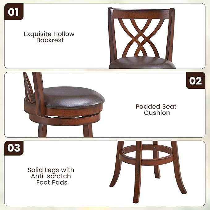 COSTWAY Bar Stools Set of 2, 360° Swivel Chairs with Rubber Wood Frame, 30-Inch PU Leather Cushioned Seat and Footrests, for Kitchen Island, Dining Room, Bar (Brown-30 inches, 2 stools)