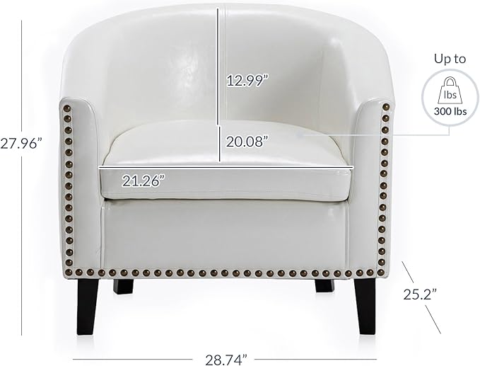 BELLEZE Accent Barrel Chair, Modern Tub Club Chair Upholstered Armchair for Living Room, Faux Leather Chair with Gold Nail Head Trim Black Legs - Kyara (White)