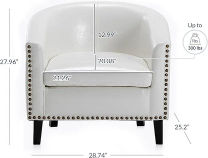 BELLEZE Accent Barrel Chairs Set of 2, Modern Tub Club Chairs Upholstered Armchairs for Living Room, Faux Leather Chairs with Gold Nail Head Trim Black Legs - Kyara (White)