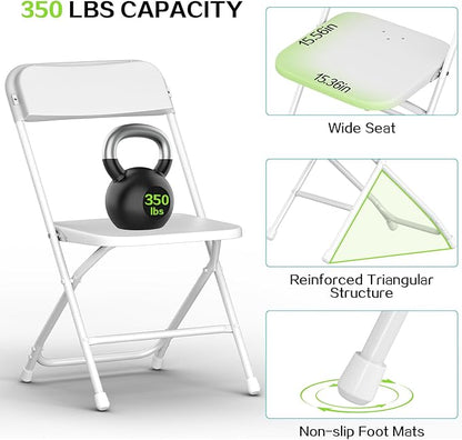 Folding Chairs 10 Pack,White Plastic Folding Chairs for Indoor Outdoor,Portable Stackable Commercial Seat with Steel Frame 350lb.Capacity for Party Events Wedding Dining Picnic Office
