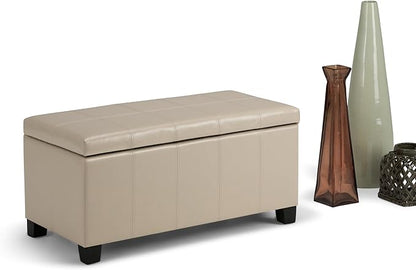 SIMPLIHOME Dover 36 inch Wide Contemporary Rectangle Storage Ottoman Bench in Satin Cream Vegan Faux Leather, Assembled, For the Living Room, Entryway and Family Room