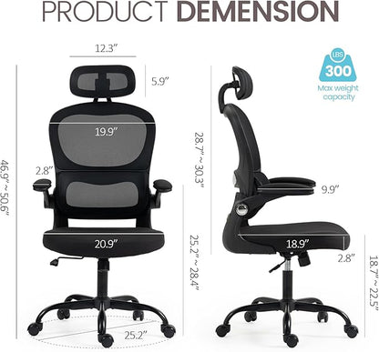 Yilaywain Ergonomic Office Chair, Home Office Desk Chair with Adjustable Headrest, High Back Computer Chair with Armrests and Lumbar Support for Home Office Study Room, Black & Gray (Black)
