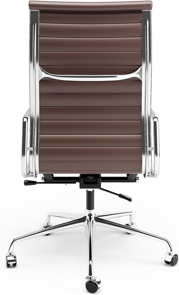 High Back Genuine Leather Ribbed Office Chair-Ergonomic Desk Chair with Aluminum Alloy Armrest & Frame, Swivel Silent Wheels & Tilt Function, Adjustable Height