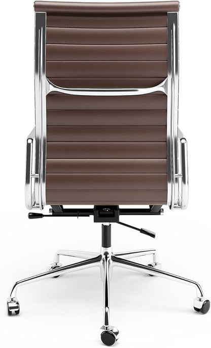 High Back Genuine Leather Ribbed Office Chair-Ergonomic Desk Chair with Aluminum Alloy Armrest & Frame, Swivel Silent Wheels & Tilt Function, Adjustable Height