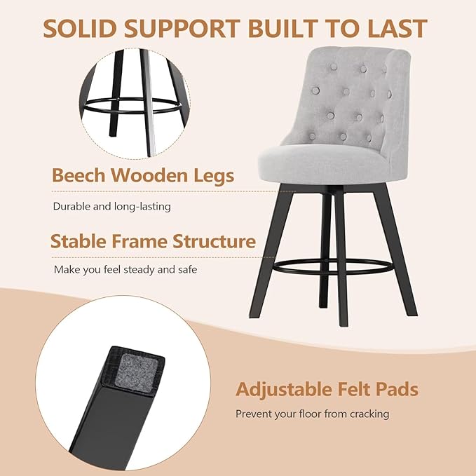 MINCETA Set of 4 Upholstered Bar Stools - 26 Inch Swivel Counter Height Stools with Low Tufted Back, Footrest & Performance Fabric - Round Seat for Kitchen Island & Home Bar Gray and Beige