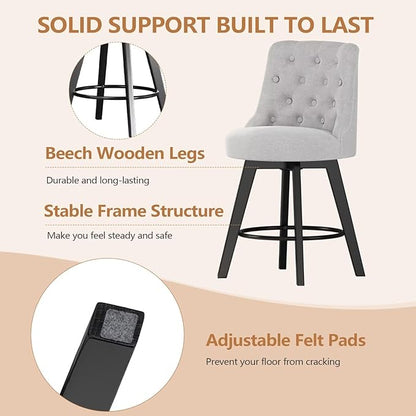MINCETA Set of 2 Upholstered Bar Stools - 26 Inch Swivel Counter Height Stools with Low Tufted Back, Footrest & Performance Fabric - Round Seat for Kitchen Island & Home Bar Gray and Beige