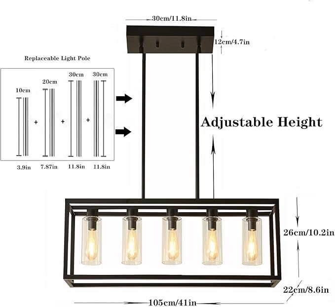Farmhouse Dining Room Light Fixture Kitchen Island Pendant Lighting Rectangle Black Dining Room Lighting Fixture Modern Pendant Contemporary Chandeliers with Glass Shade Adjustable