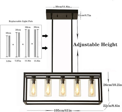 Farmhouse Dining Room Light Fixture Kitchen Island Pendant Lighting Rectangle Black Dining Room Lighting Fixture Modern Pendant Contemporary Chandeliers with Glass Shade Adjustable