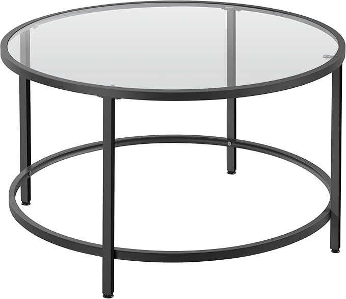 Yaheetech 27.6" Round Glass Coffee Table, Small Coffee Table for Living Room，Black Circle Coffee Tables Center Tables with Glass Top, Office & Apartment