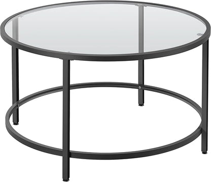 Yaheetech 27.6" Round Glass Coffee Table, Small Coffee Table for Living Room，Black Circle Coffee Tables Center Tables with Glass Top, Office & Apartment