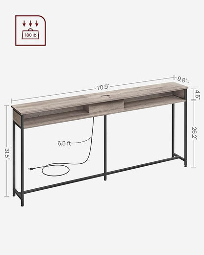 VASAGLE 70.9-Inch Console Table with Outlet and Shelves, Sofa Table with Charging Station, Behind Couch Table Skinny, Entryway Table for Hallway, Living Room, Heather Greige and Ink Black ULNT118B02