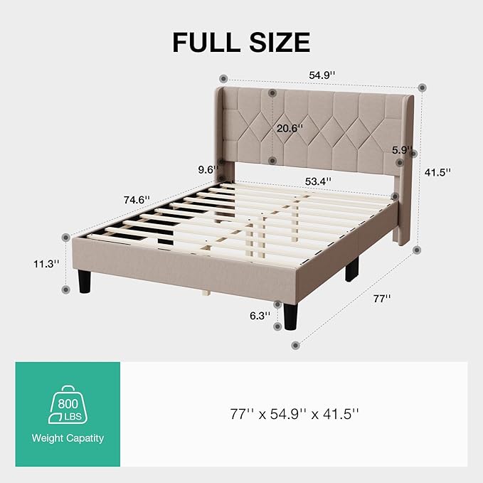 Novilla Full Size Bed Frame, Full Bed Frame with Headboard, Linen Upholstered Pull-Point Wing Side Headboard, No Box Spring Needed, Heavy Duty Feet, Easy Assembly, Beige