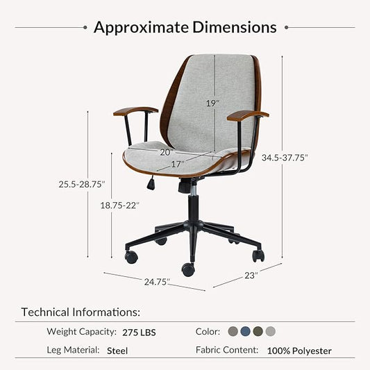 Modern Office Chair with Bentwood Polyester Upholstery Ergonomic Swivel Desk Chair with Adjustable Height for Home Office or Study Gray