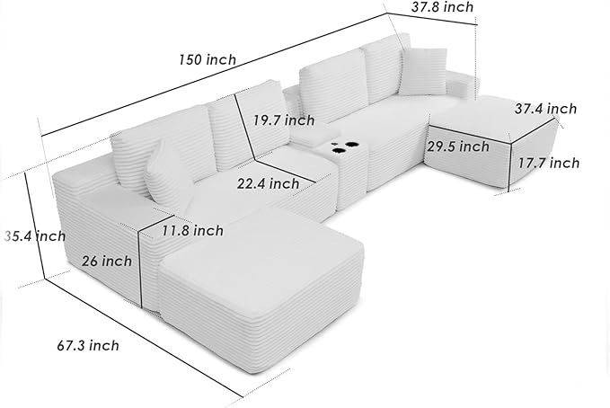 150" Oversized Modular Sectional Sofa,Deep Seat Cloud Corduroy Boneless Couch with Cup Holders,USB Ports, Wireless Charging & Storage Box,Upholstered Modular Sleeper Sofa for Living Room (Blue)