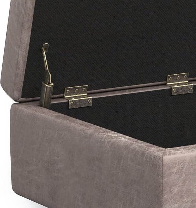 SIMPLIHOME Shay 34 inch Wide Mid Century Modern Small Rectangle Coffee Table Storage Ottoman in Distressed Grey Taupe Vegan Faux Leather, Assembled, for The Living Room and Entryway