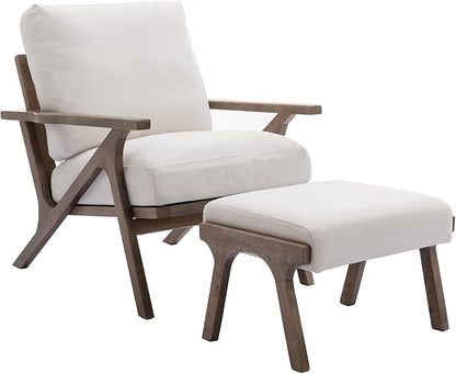 Wahson Set of 2 Mid Century Arm Chairs and Ottomans, Upholstered Accent Armchair with Wood Frame and Linen Cushions, Leisure Slipper Chair for Living Room/Bedroom, Cream