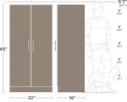 Prepac Elite Tall Garage Storage Cabinet & Pantry Storage Cupboard, 2-Door Freestanding Bathroom or Pantry Cabinet with Adjustable Shelves, 16" D x 32" W x 65" H, Light Gray