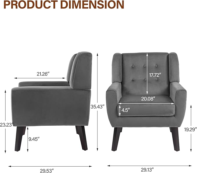 Lumibee Accent Chair, Modern Velevet Armchair for Living Room, Comfy Upholstered Arm Chair Tufted for Indoor Bedroom Office Room (Gray Velvet)