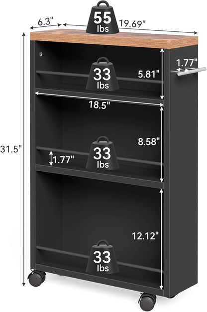 LITTLE TREE Slim Rolling Storage Cart, 3 Tier Snack Cart with Wheels for Kitchen, 6.3 Inch Wide Bathroom Organizer Shelves, Wooden Utility Cart for Laundry Room, Black