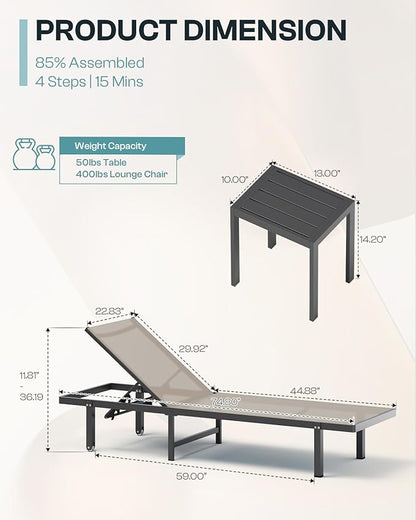 Pool Lounge Chairs, Chaise Lounge Outdoor with Wheels and 5-Position Recliner -Easy to Move- Aluminum Patio Lounge Chair for Poolside, Deck (Khaki)