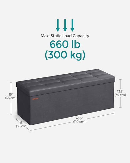 SONGMICS MAZIE Collection - 43 Inches Storage Ottoman Bench with Flipping Lid, Storage Chest with Iron Frame Support, Load 660 lb, for Living Room, Bedroom, Synthetic Leather, Dark Gray ULSF075G01