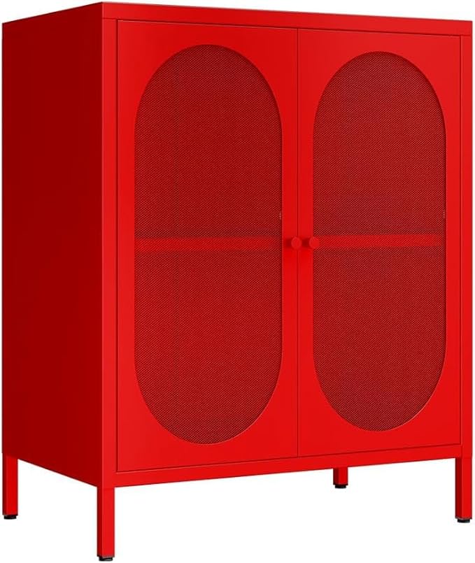 Metal Storage Cabinets with Doors and Shelf, Small Closet with High Feet, Display Cabinets with 2 Mesh Doors, Red Dresser for Home, Office, Living Room,Dining Room,Sideboard, Hallway and Entryway