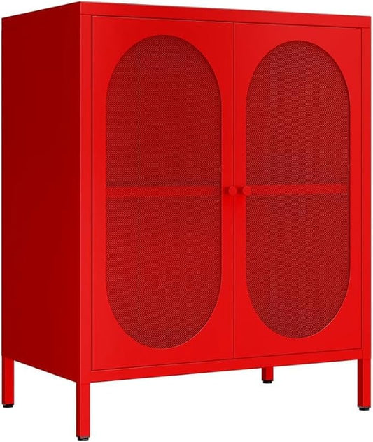 Metal Storage Cabinets with Doors and Shelf, Small Closet with High Feet, Display Cabinets with 2 Mesh Doors, Red Dresser for Home, Office, Living Room,Dining Room,Sideboard, Hallway and Entryway