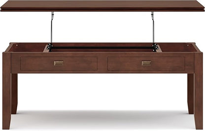 SIMPLIHOME Artisan Coffee Lift Top Table - 46 inch Wide Solid Wood Contemporary Cocktail Table in Russet Brown, Living Room with Hidden Storage Compartment, Open Shelf, and Square Knobs