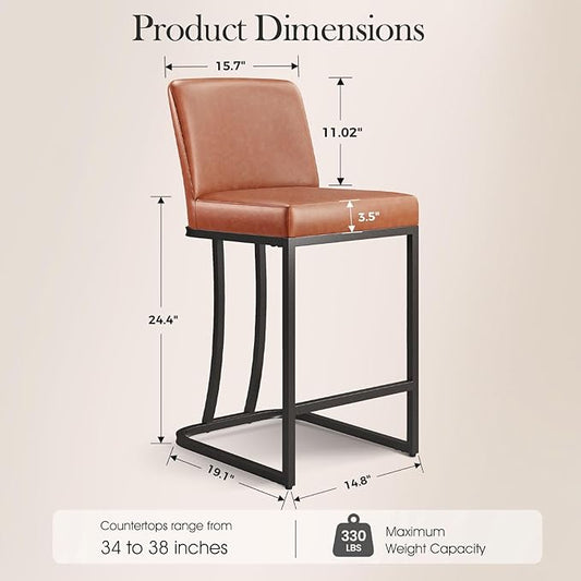 Sophia & William Counter Height 24" Bar Stools Set of 2 for Kitchen Island,Modern PU Leather Bar Stools with Backrest,Upholstered Counter Stools Sturdy Chromed Metal Frame,Brown