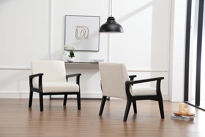 Mid Century Modern Accent Chair Set of 2, Linen Upholstered Living Room Accent Armchair with Black Wood Frame, Farmhouse Chair Indoor Corner Chair for Living Room Bedroom, Beige