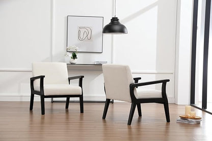 Mid Century Modern Accent Chair Set of 2, Linen Upholstered Living Room Accent Armchair with Black Wood Frame, Farmhouse Chair Indoor Corner Chair for Living Room Bedroom, Beige