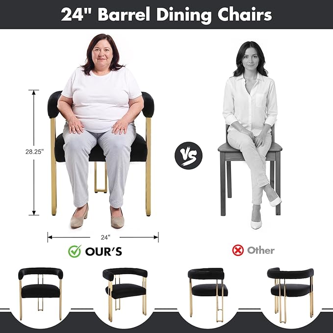 Set of 6 Black and Gold Modern Dining Chairs, Velvet Upholstered Barrel Armchairs with Metal Legs for Kitchen Island, Mid Century Accent Chairs for Dining Room Living Room, Open-Back